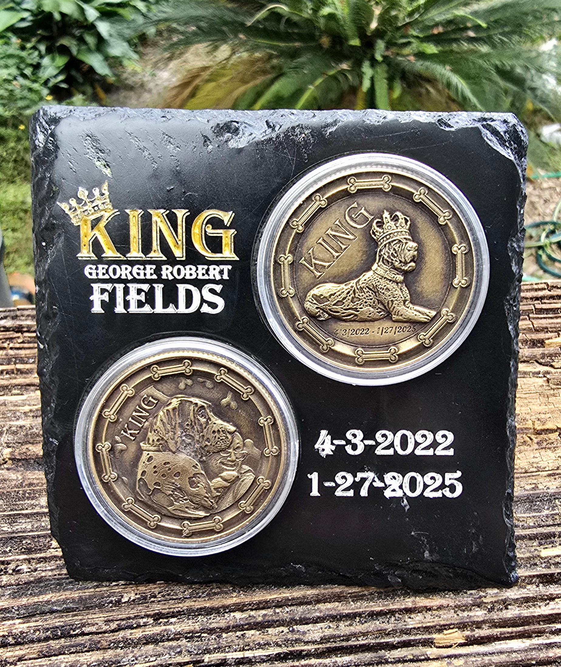 2 coin memorial on slate